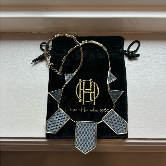 House of Harlow Gold & Black Leather Geometric Necklace - Picture 3 of 4